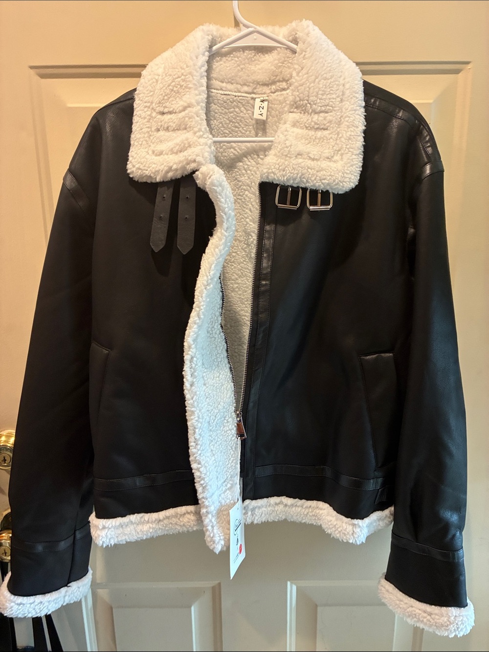 Yeezy Black Faux Leather Bomber Jacket with White Sherpa Trim